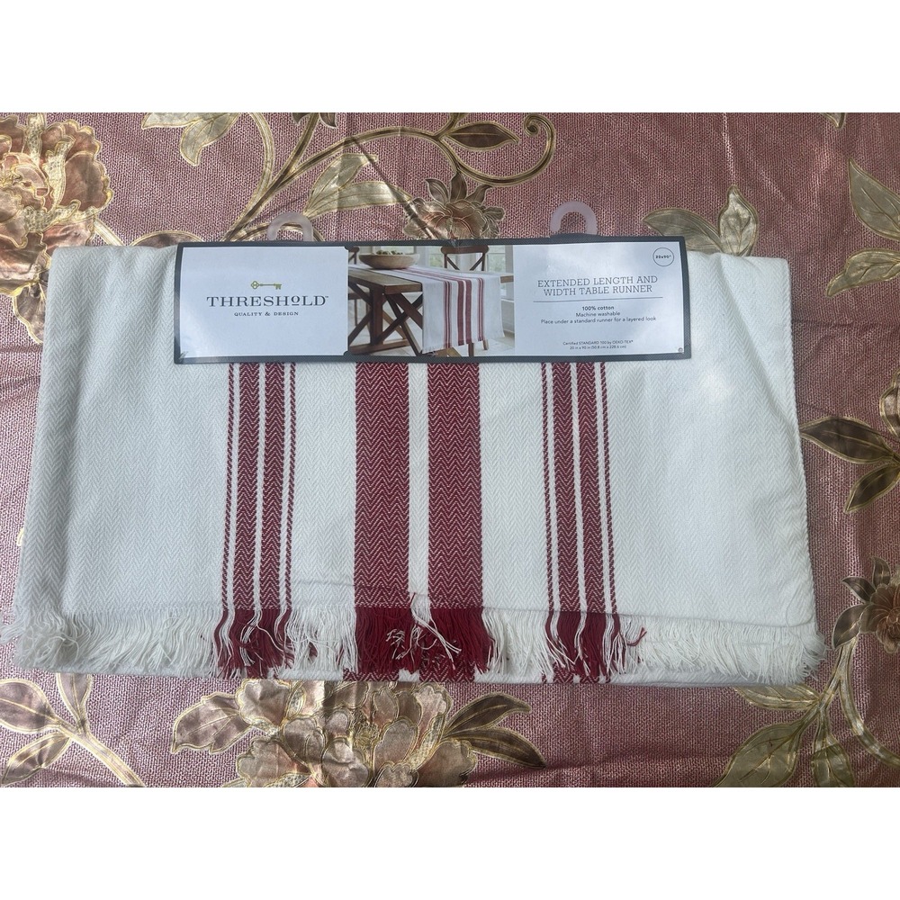 Threshold- 20"x90" Farmhouse Stripe Table Runner Cream/Red